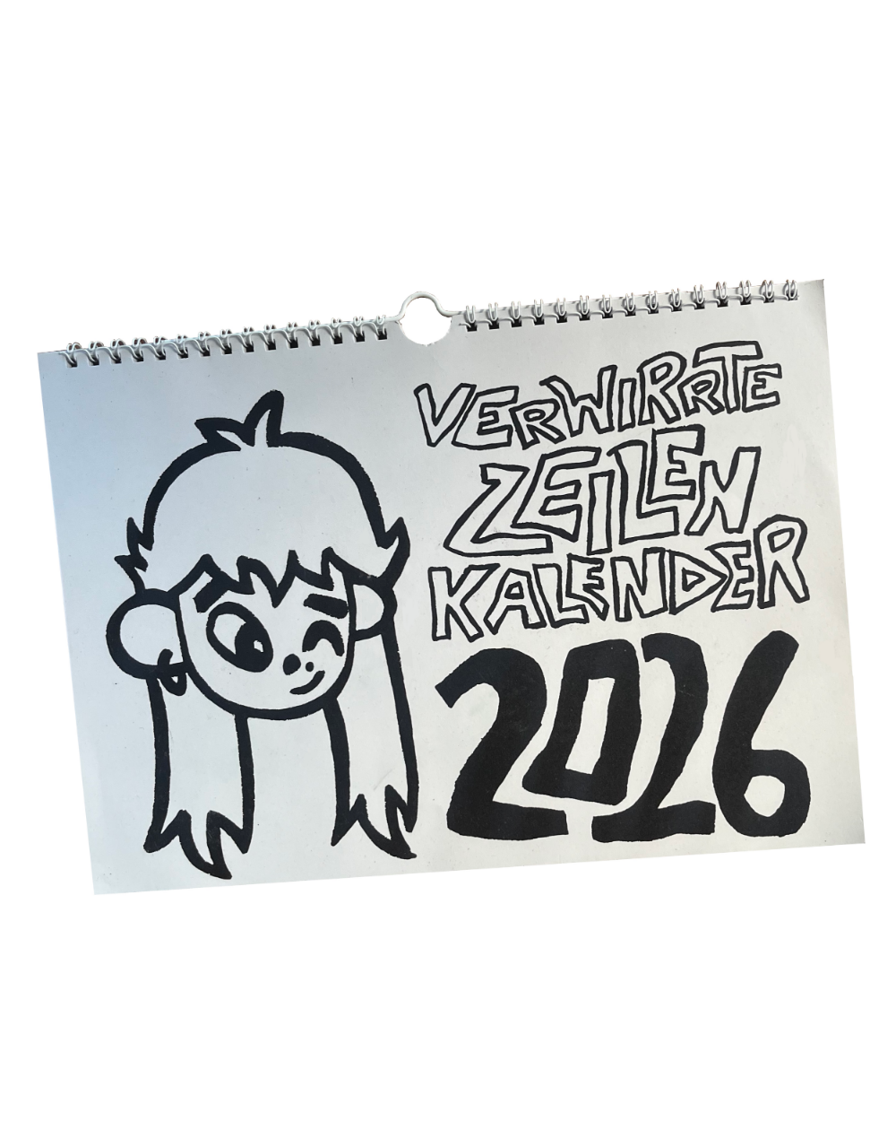 Aufgeschlagener Spiral-Kalender mit handgezeichnetem Titel „Verwirrte Zeilen Kalender 2026“. Links ist eine gezeichnete Figur mit langen Haaren und großen Augen zu sehen, rechts daneben der Schriftzug in markanter, schwarzer Handlettering-Schrift. Humorvoll illustriertes Cover im charakteristischen Stil der Verwirrte-Zeilen-Kollektion.