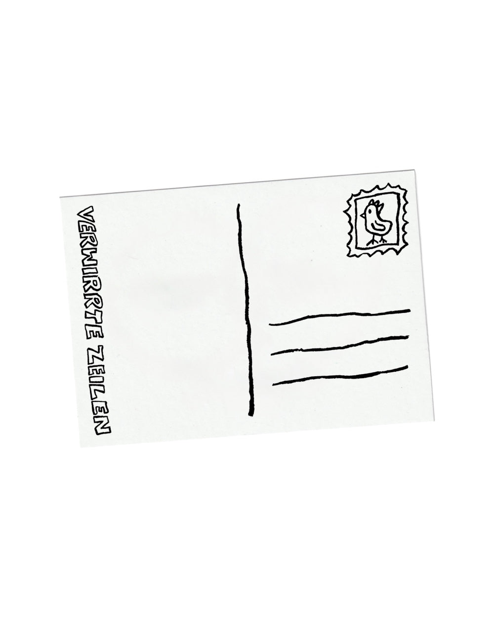 Weiße Postkarten-Illustration mit handgezeichneten Linien für Text und Adresse. Oben rechts ist eine Briefmarke mit einem kleinen Huhn abgebildet, am linken Rand steht der Schriftzug „VERWIRRTE ZEILEN“. Minimalistischer, humorvoller Print im skizzenhaften Stil.